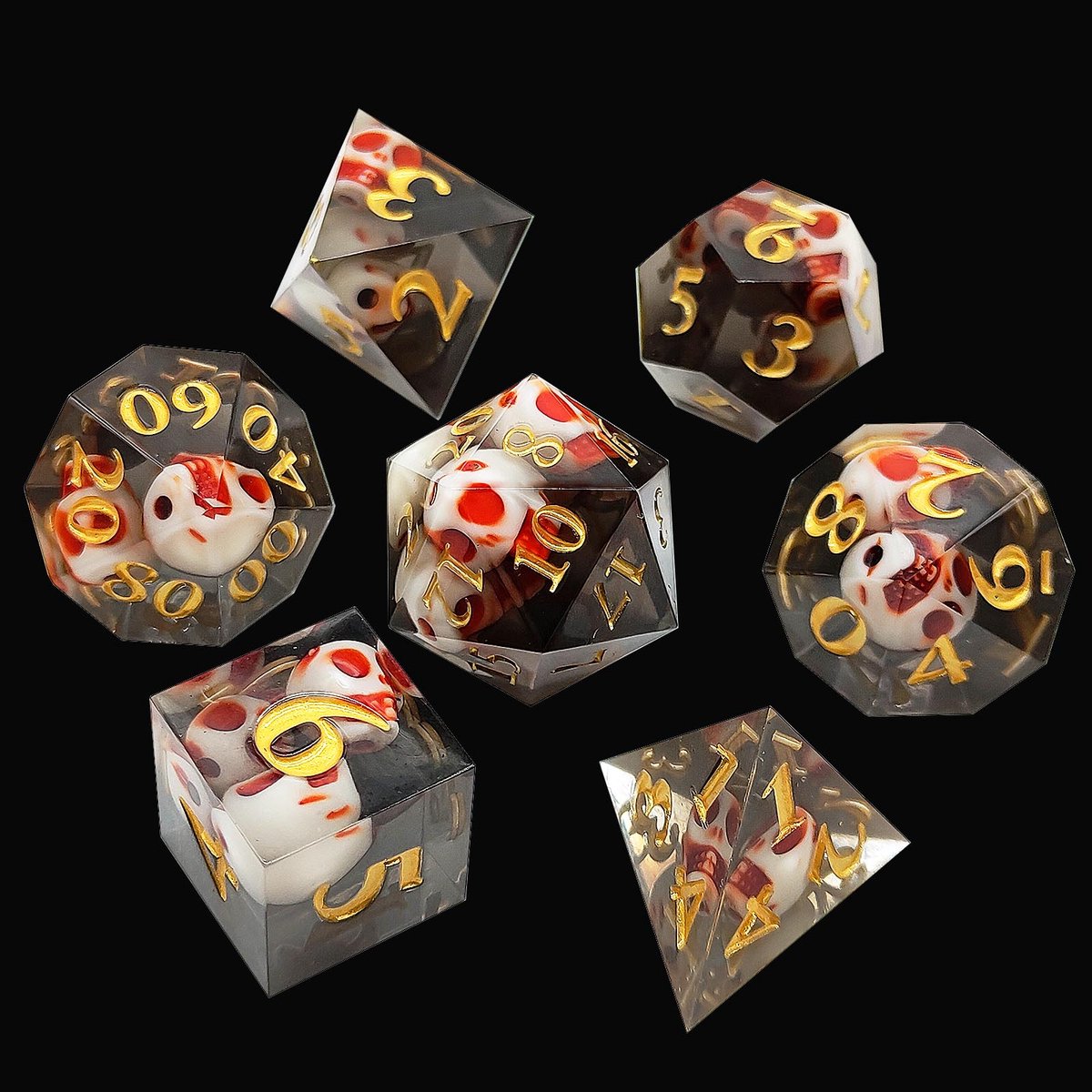 Joya Dice® Dungeons and Dragons Dobbelsteen set | Polydice DnD Dobbelstenen Set | D&D Dice set | Resin 7 stuks set | Incl Luxe Opbergdoos | Doodshoofd Zwart met Rood | Skull